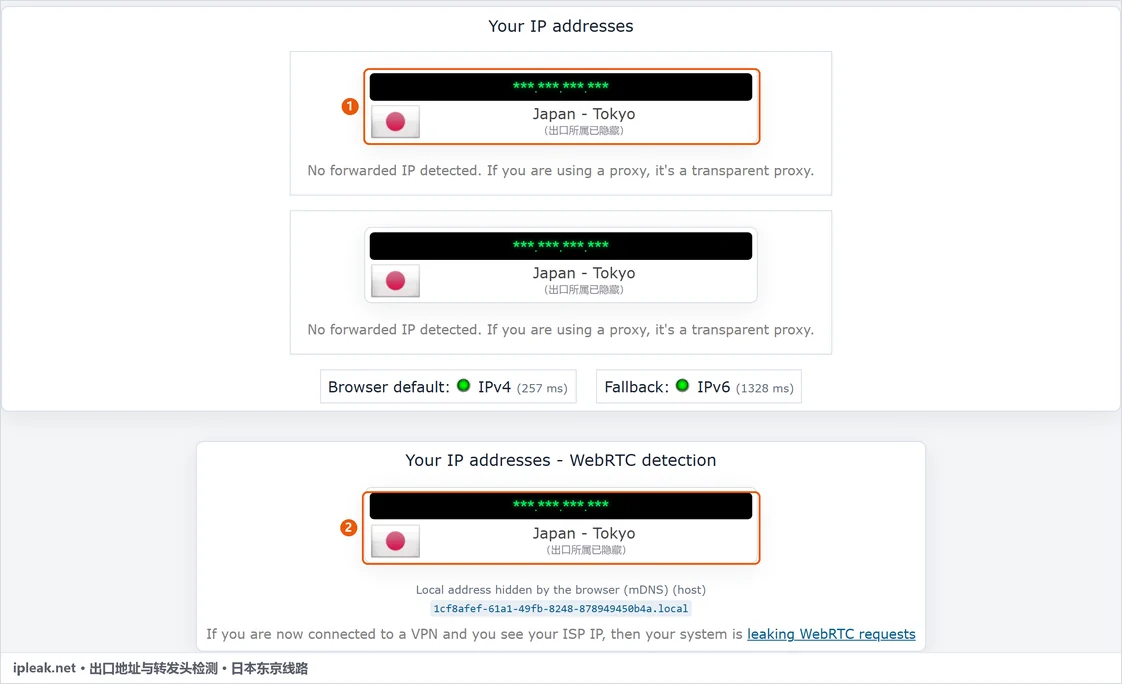 ipleak.net 的出口地址与转发头检测结果