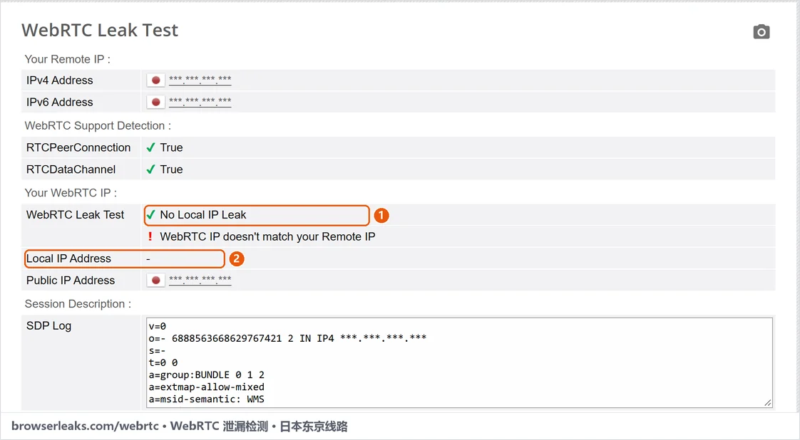 browserleaks.com 的 WebRTC 检测结果