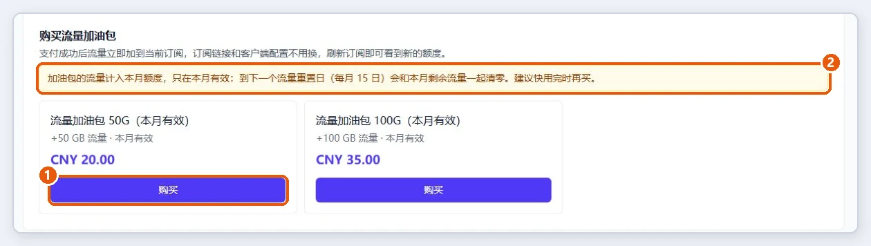 订阅详情页的“购买流量加油包”区域