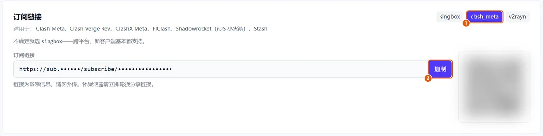 订阅详情页:格式选择 clash_meta,然后点击复制
